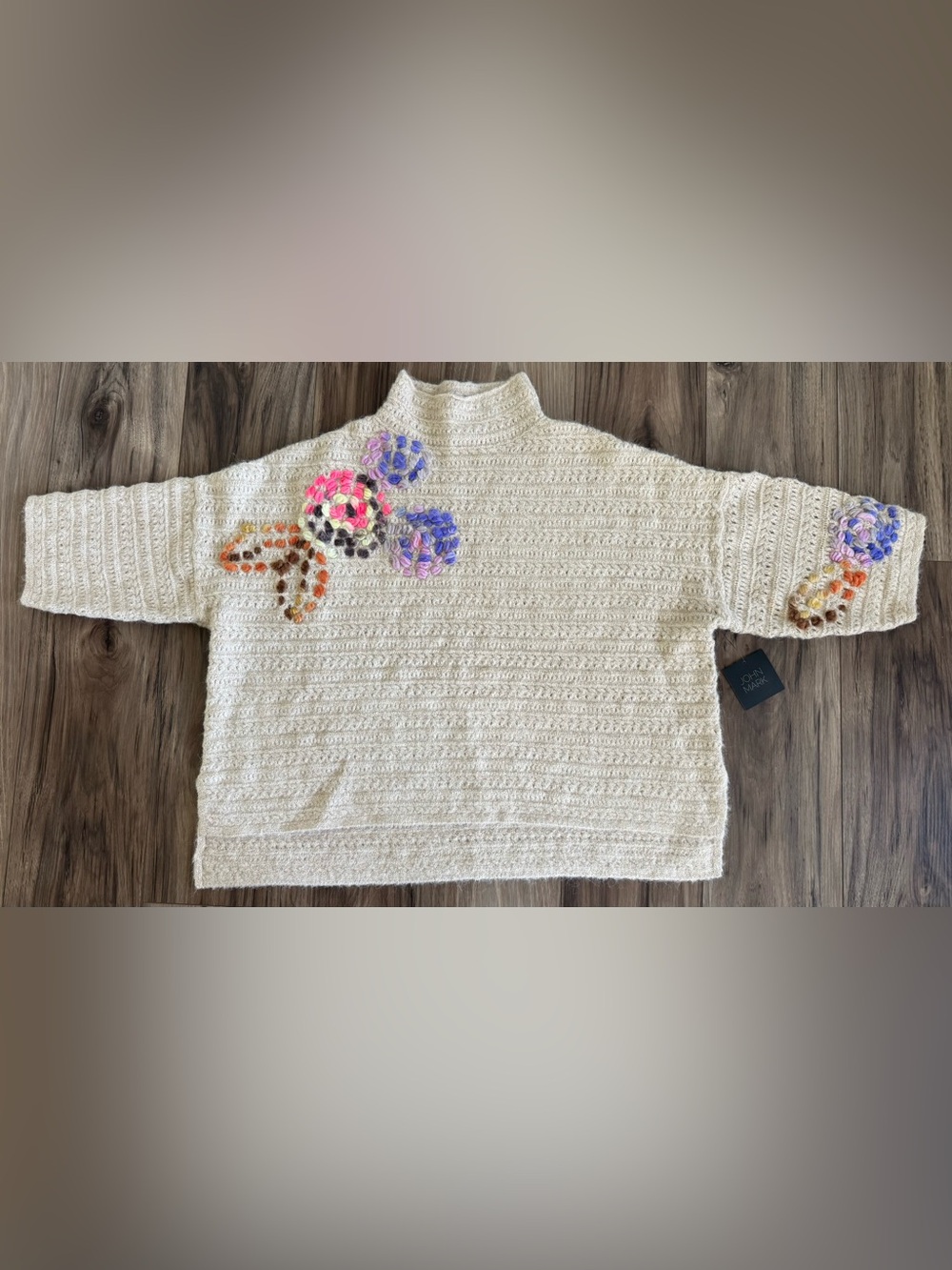 John Mark Floral Embroidered Sweater PL NWT Almond Mock Neck Boho